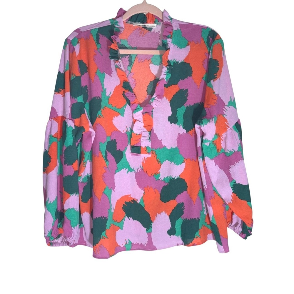 Michelle McDowell Abstract Print Puff‎ Sleeve Blouse Top sz LG